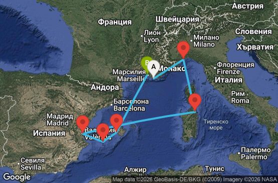 Маршрут на круиз 7 дни Франция, Италия, Испания - YNE07A29