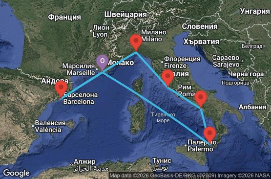 Маршрут на круиз 7 дни Франция, Испания, Италия - YNE07A1M