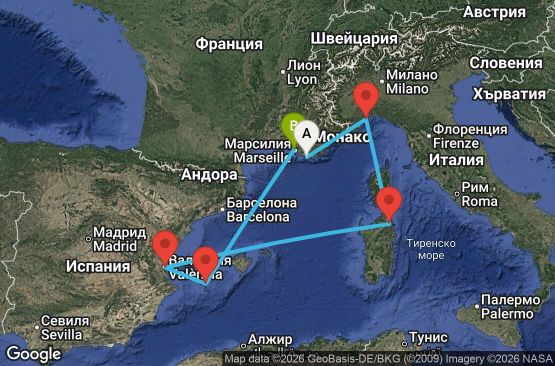 Маршрут на круиз 7 дни Франция, Италия, Испания - YNE07A2B
