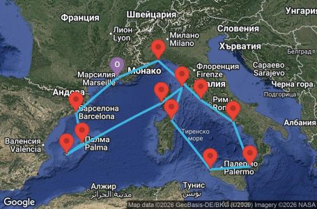 Маршрут на круиз 14 дни Франция, Италия, Испания - MRS14A3S