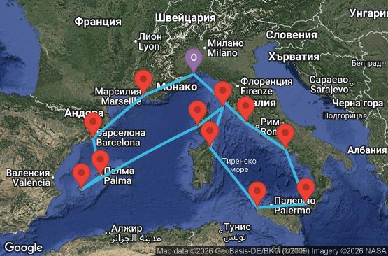 Маршрут на круиз 14 дни Италия, Франция, Испания - SVN14A4F