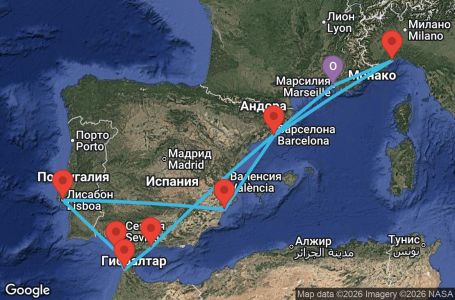 Маршрут на круиз 10 дни Франция, Италия, Испания, Португалия, Мароко - MRS10A23