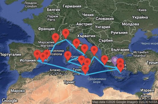 Маршрут на круиз 20 дни Гърция, Малта, Испания, Франция, Италия - ATH20A02