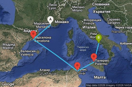 Маршрут на круиз 5 дни Франция, Испания, Тунис, Италия - UZE5