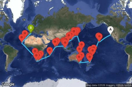 Маршрут на круиз 97 дни САЩ, Самоа, Фиджи, Тонга, Нова Зеландия, Австралия, Папуа-Нова Гвинея, Япония, Южна Корея, Тайван, Хонконг, Виетнам, Сингапур, Малайзия, Тайланд, Шри Ланка, Малдивите, Мавриций, Южна Африка, Намибия, Кабо Верде, Испания - SFO97A06