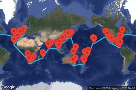 Маршрут на круиз 136 дни Франция, Испания, Португалия, САЩ, Бахамските острови, Панама, Коста Рика, Гватемала, Мексико, Самоа, Фиджи, Тонга, Нова Зеландия, Австралия, Папуа-Нова Гвинея, Япония, Южна Корея, Тайван, Хонконг, Виетнам, Сингапур, Малайзия, Тайланд, Шри Ланка, Малдивите, Мавриций, Южна Африка, Намибия, Кабо Верде - MRSD6A06