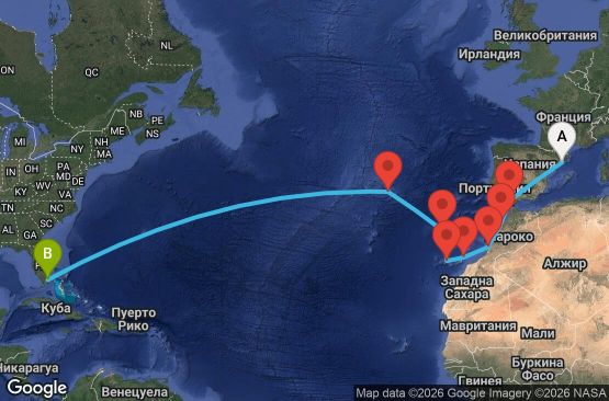 Маршрут на круиз 16 дни Преход между два континента - GEMT16CNNBCNMIA