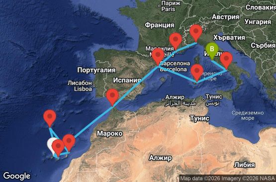 Маршрут на круиз 17 дни Испания, Португалия, Мароко, Франция, Италия - TCI17A00