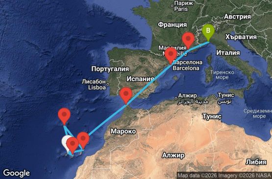 Маршрут на круиз 11 дни Испания, Португалия, Мароко, Франция, Италия - TCI11A04