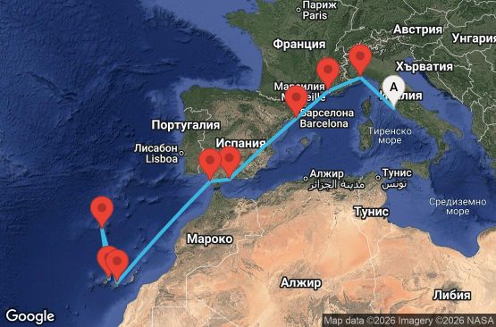 Маршрут на круиз 12 дни Италия, Франция, Испания, Португалия - CIV12A08