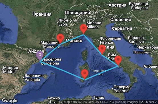 Маршрут на круиз 7 дни Испания, Италия, Франция - BCN07A8D