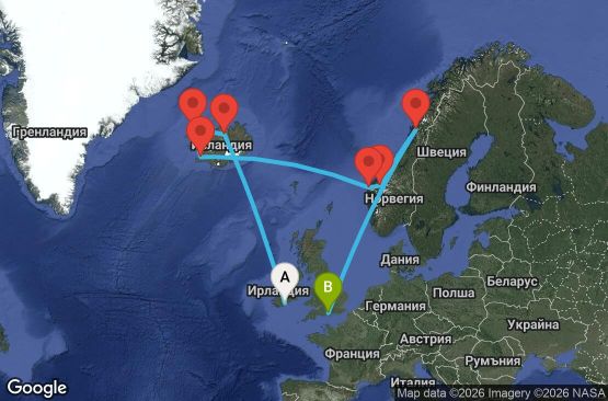 Маршрут на круиз 12 дни Ирландия, Исландия, Норвегия, Великобритания - UZF2