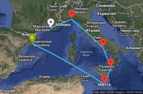 Маршрут на круиз 6 дни Франция, Италия, Малта, Испания - UZFC