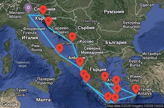 Маршрут на круиз 14 дни Италия, Гърция, Черна гора, Хърватия - PMA14A41