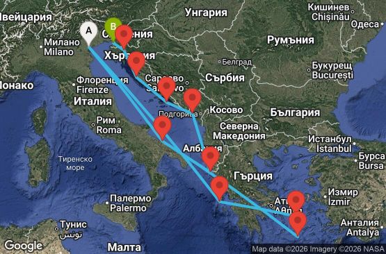 Маршрут на круиз 14 дни Италия, Гърция, Черна гора, Хърватия - PMA14A48