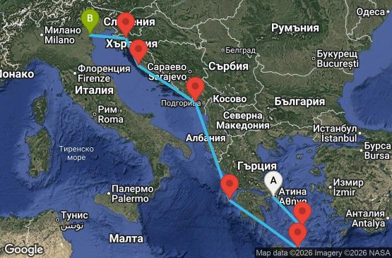Маршрут на круиз 7 дни Гърция, Черна гора, Хърватия, Италия - ATH07A2L