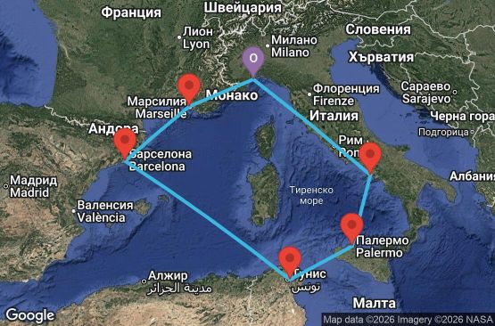 Маршрут на круиз 7 дни Италия, Тунис, Испания, Франция - SVN07A9U