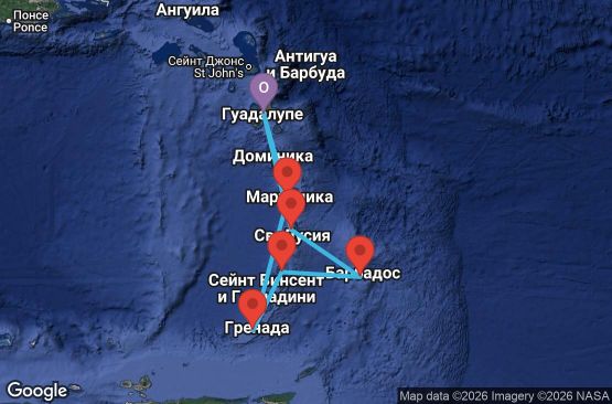 Маршрут на круиз 7 дни Гваделупа, Сейнт Лусия, Барбадос, Сейнт Винсент и Гренадини, Гренада, Мартиника - UZFN