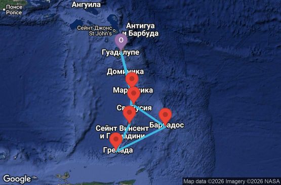 Маршрут на круиз 7 дни Гваделупа, Сейнт Лусия, Барбадос, Гренада, Сейнт Винсент и Гренадини, Мартиника - UZG1