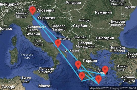 Маршрут на круиз 7 дни Италия, Гърция - PMA07A39