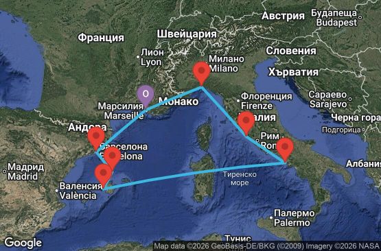 Маршрут на круиз 7 дни Франция, Испания, Италия - MRS07AAQ