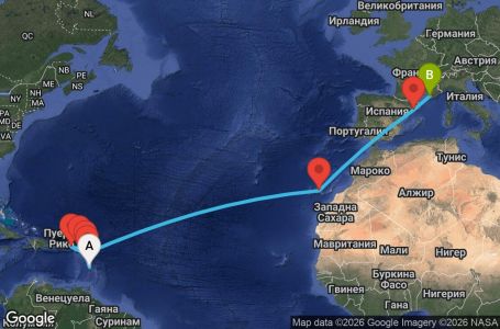 Маршрут на круиз 15 дни Мартиника, Гваделупа, Нидерландски Антили, Британски вирджински острови, Антигуа и Барбуда, Испания, Франция - UZH4