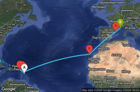 Маршрут на круиз 14 дни Гваделупа, Нидерландски Антили, Британски вирджински острови, Антигуа и Барбуда, Испания, Франция - UZH8