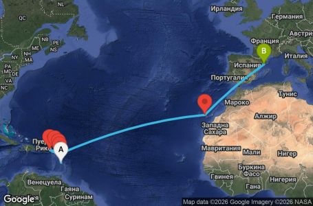 Маршрут на круиз 14 дни Мартиника, Гваделупа, Нидерландски Антили, Британски вирджински острови, Антигуа и Барбуда, Испания - UZGV