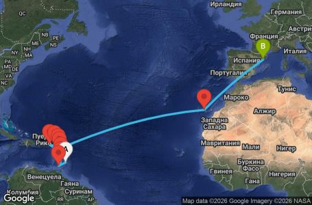Маршрут на круиз 18 дни Барбадос, Гренада, Сейнт Винсент и Гренадини, Мартиника, Гваделупа, Нидерландски Антили, Британски вирджински острови, Антигуа и Барбуда, Испания - UZH1