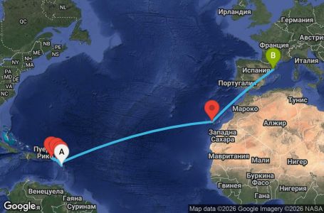 Маршрут на круиз 13 дни Гваделупа, Нидерландски Антили, Британски вирджински острови, Антигуа и Барбуда, Испания - UZH6