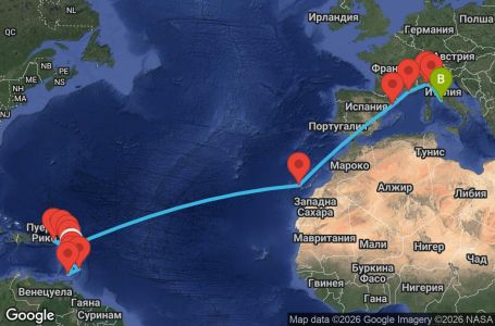 Маршрут на круиз 25 дни Мартиника, Гваделупа, Сейнт Лусия, Барбадос, Гренада, Сейнт Винсент и Гренадини, Нидерландски Антили, Британски вирджински острови, Антигуа и Барбуда, Испания, Франция, Италия - UZGX