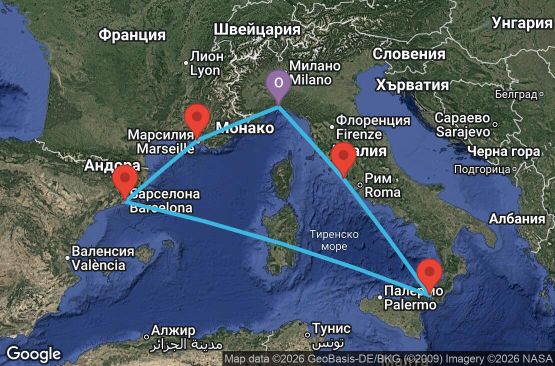 Маршрут на круиз 6 дни Италия, Испания, Франция - UZHB