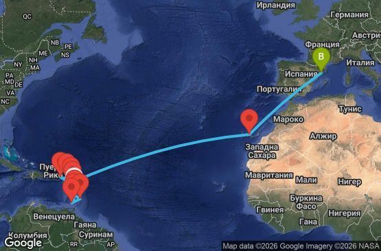 Маршрут на круиз 21 дни Мартиника, Гваделупа, Сейнт Лусия, Барбадос, Гренада, Сейнт Винсент и Гренадини, Нидерландски Антили, Британски вирджински острови, Антигуа и Барбуда, Испания - UZGW