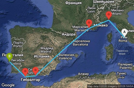 Маршрут на круиз 6 дни Италия, Франция, Испания, Португалия - UYN6