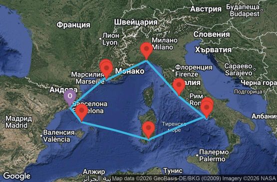 Маршрут на круиз 7 дни Испания, Италия, Франция - BCN07A90
