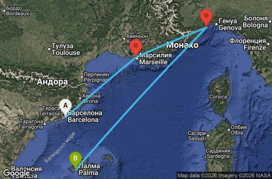 Маршрут на круиз 4 дни Испания, Франция, Италия - BCN04A5F