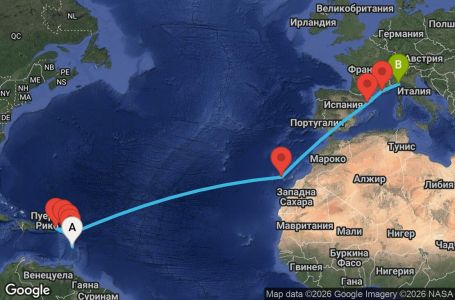 Маршрут на круиз 16 дни Мартиника, Гваделупа, Нидерландски Антили, Британски вирджински острови, Антигуа и Барбуда, Испания, Франция, Италия - UZH3