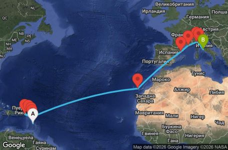 Маршрут на круиз 18 дни Мартиника, Гваделупа, Нидерландски Антили, Британски вирджински острови, Антигуа и Барбуда, Испания, Франция, Италия - UZH2
