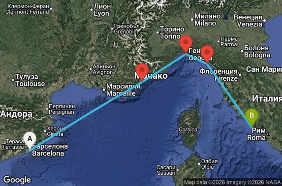 Маршрут на круиз 4 дни Испания, Франция, Италия - UWWB