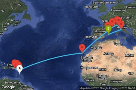 Маршрут на круиз 20 дни Мартиника, Гваделупа, Нидерландски Антили, Британски вирджински острови, Антигуа и Барбуда, Испания, Франция, Италия - UZH5