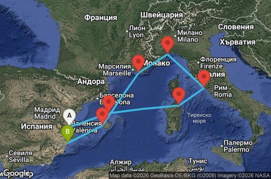 Маршрут на круиз 7 дни Испания, Италия, Франция - VLC07A4L