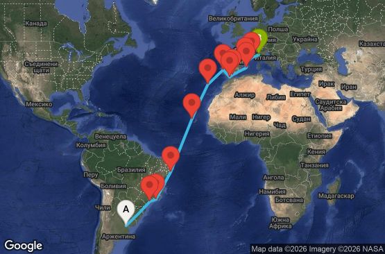 Маршрут на круиз 26 дни Аржентина, Бразилия, Кабо Верде, Португалия, Мароко, Испания, Франция, Италия - UZIP