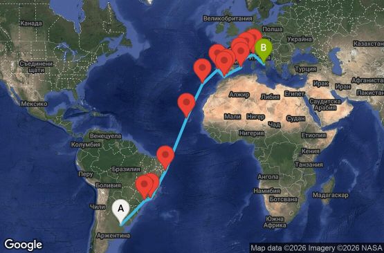 Маршрут на круиз 27 дни Аржентина, Бразилия, Кабо Верде, Португалия, Мароко, Испания, Франция, Италия - UZIY