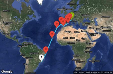 Маршрут на круиз 22 дни Бразилия, Кабо Верде, Португалия, Мароко, Испания, Франция, Италия - UZIW