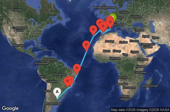 Маршрут на круиз 25 дни Аржентина, Бразилия, Кабо Верде, Португалия, Мароко, Испания, Франция - UZIQ