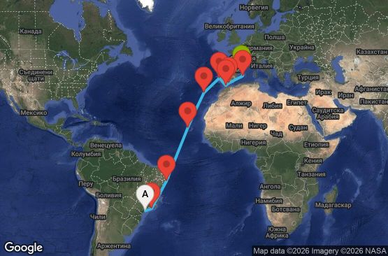 Маршрут на круиз 21 дни Бразилия, Кабо Верде, Португалия, Мароко, Испания - UZI2
