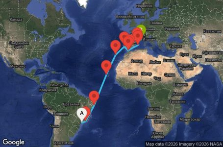 Маршрут на круиз 22 дни Бразилия, Кабо Верде, Португалия, Мароко, Испания, Франция - UZIS