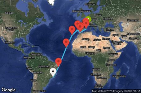 Маршрут на круиз 21 дни Бразилия, Кабо Верде, Португалия, Мароко, Испания, Франция - UZIX