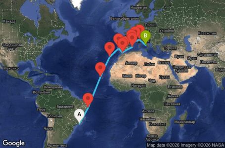 Маршрут на круиз 23 дни Бразилия, Кабо Верде, Португалия, Мароко, Испания, Франция, Италия - UZJ0