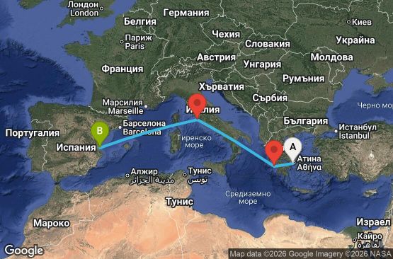 Маршрут на круиз 5 дни Гърция, Италия, Испания - UZJL